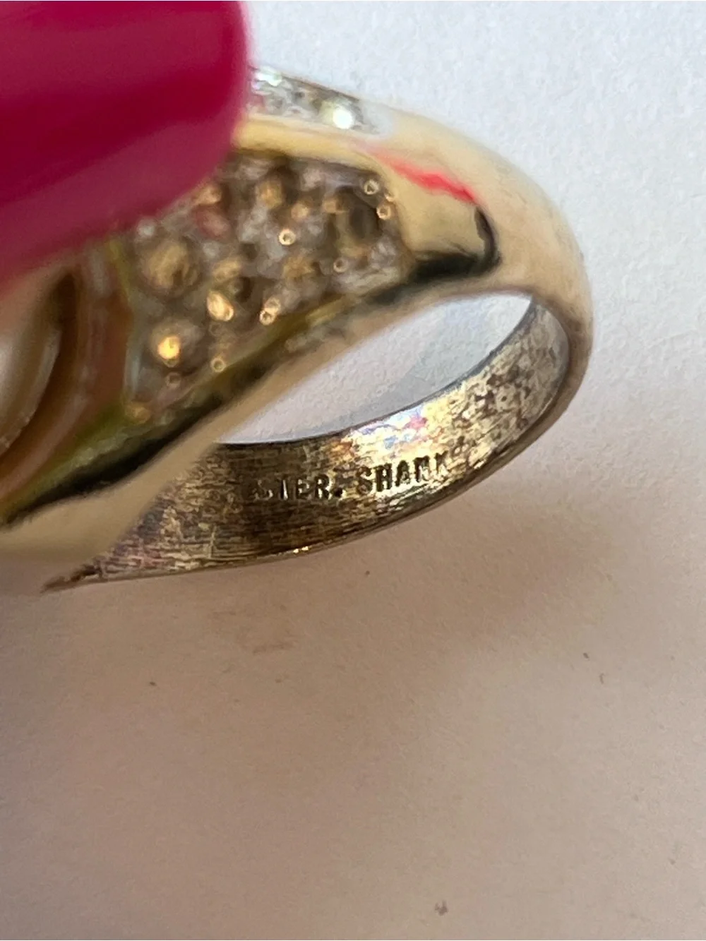 Vintage Panetta Faux Pearl & Crystals Gold Tone Sterling Cocktail Statement Ring